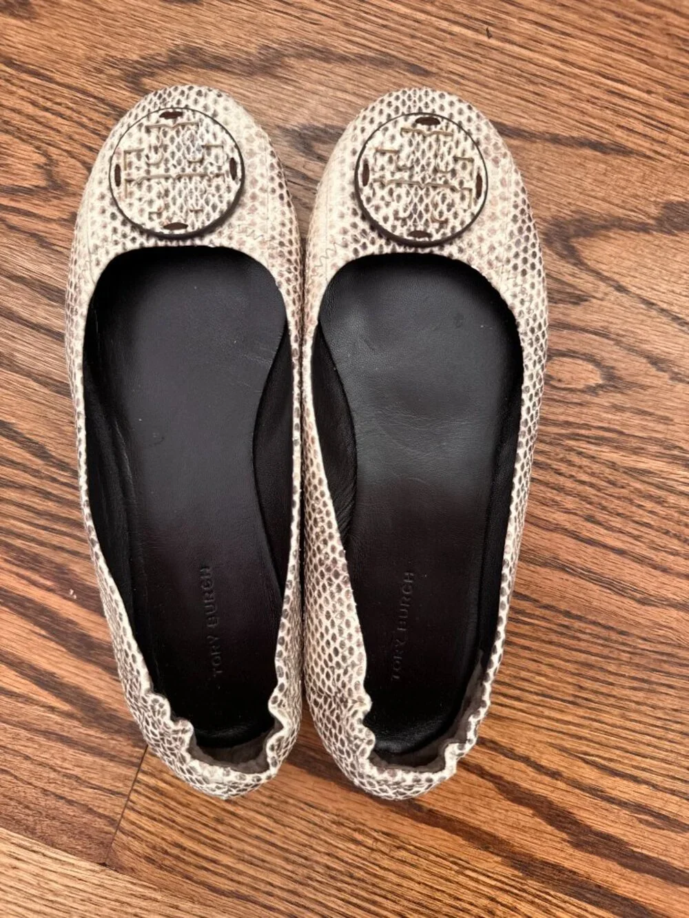 Tory Burch Reva Snake Print Leather Logo Ballet Flats 6 1/2